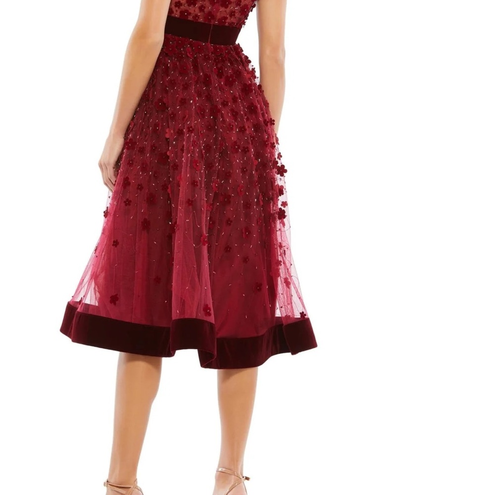Mac Duggal Deep Berry Midi Dress with Burgundy Floral Appliqués - Picture 4 of 10